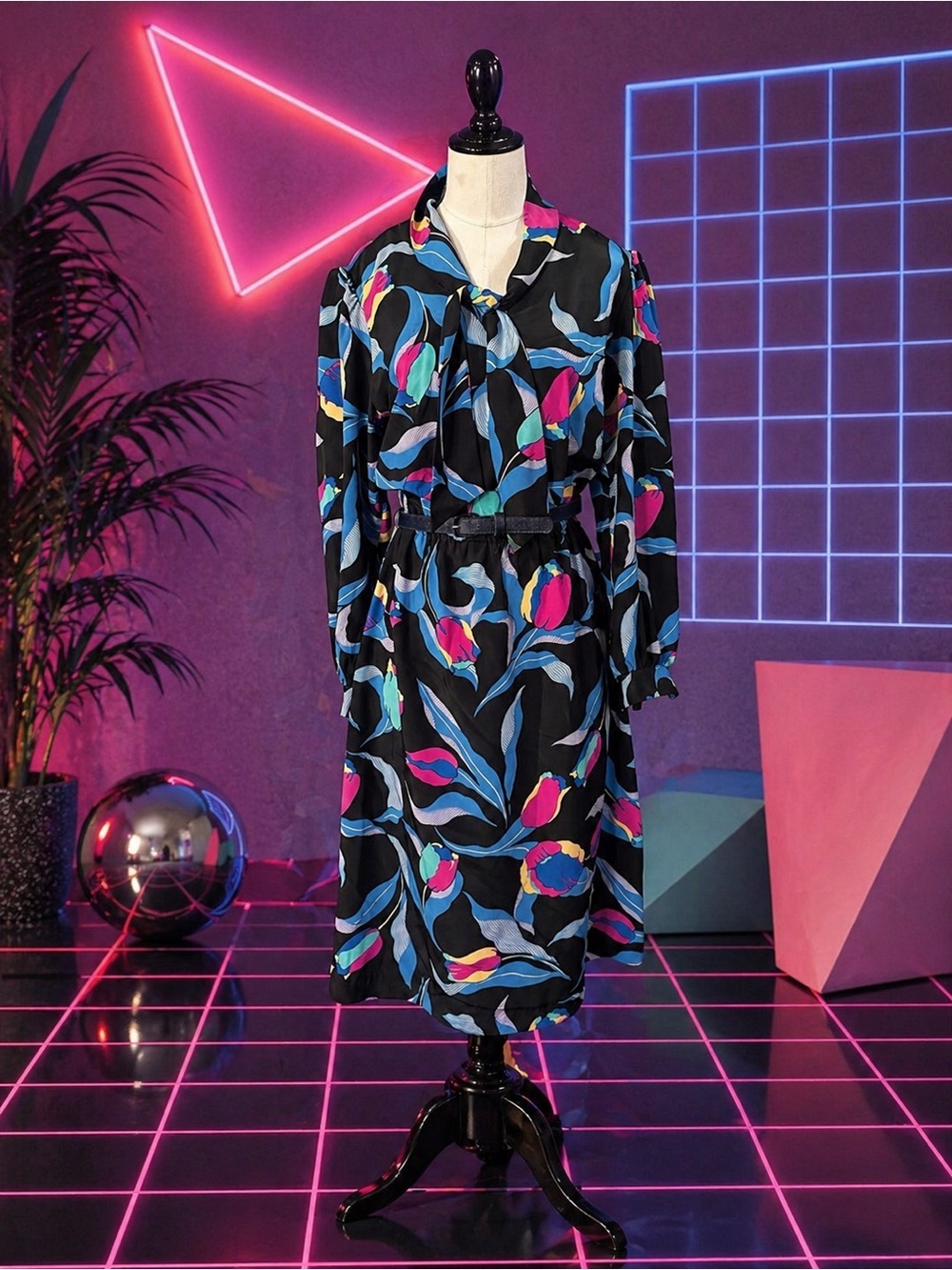 Vintage KC Petites Floral Dress  Multicolor‎ Belted Long Sleeve Midi Retro 80s